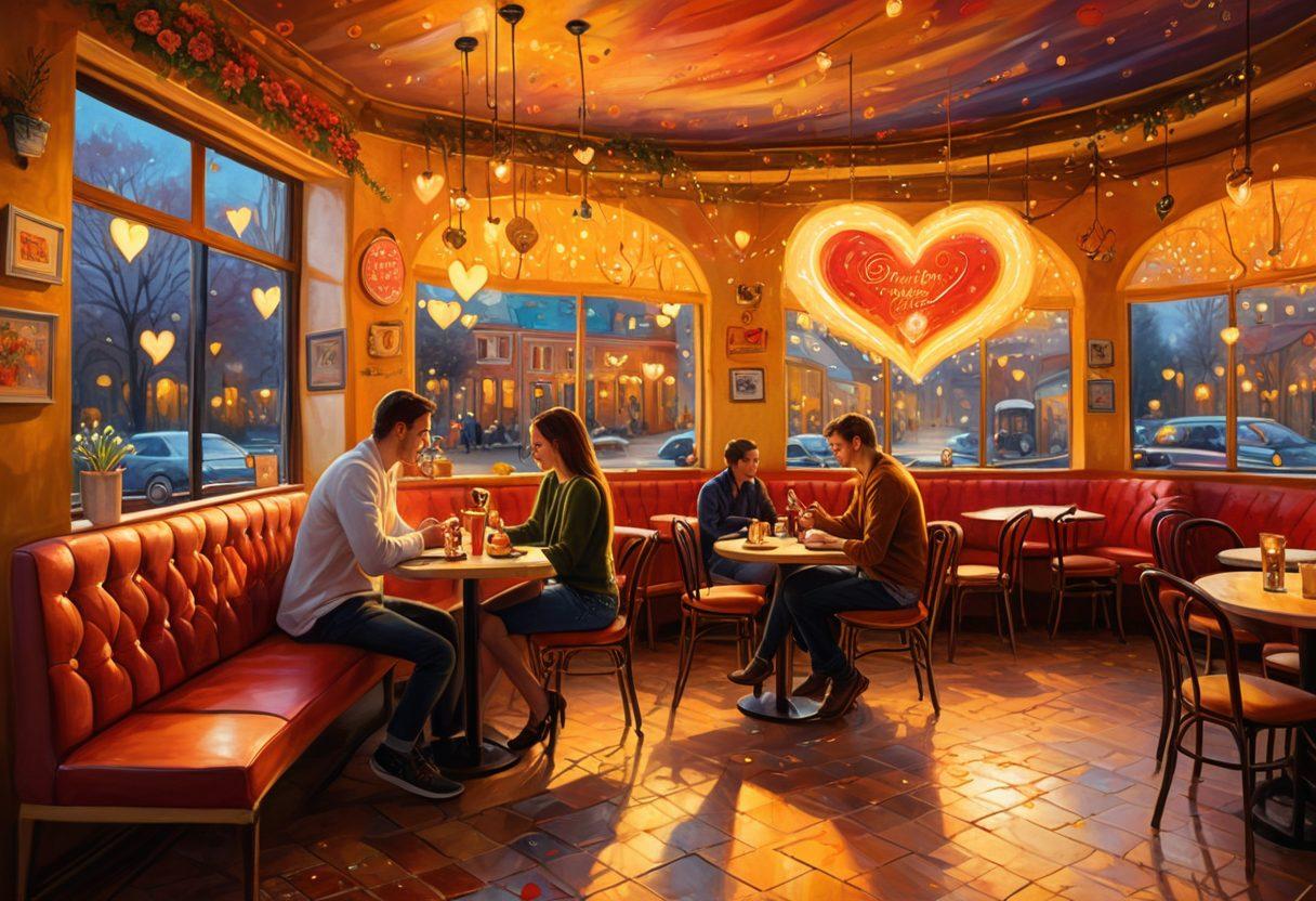 An enchanting scene of a couple in a cozy cafe, sharing an intimate moment over coffee, with a background filled with vibrant, whimsical heart-shaped motifs and romantic texts swirling around them. The ambiance should be warm and inviting with soft, golden lighting. The couple's expressions should convey deep affection and connection, creating a magical atmosphere. painting. vibrant colors.