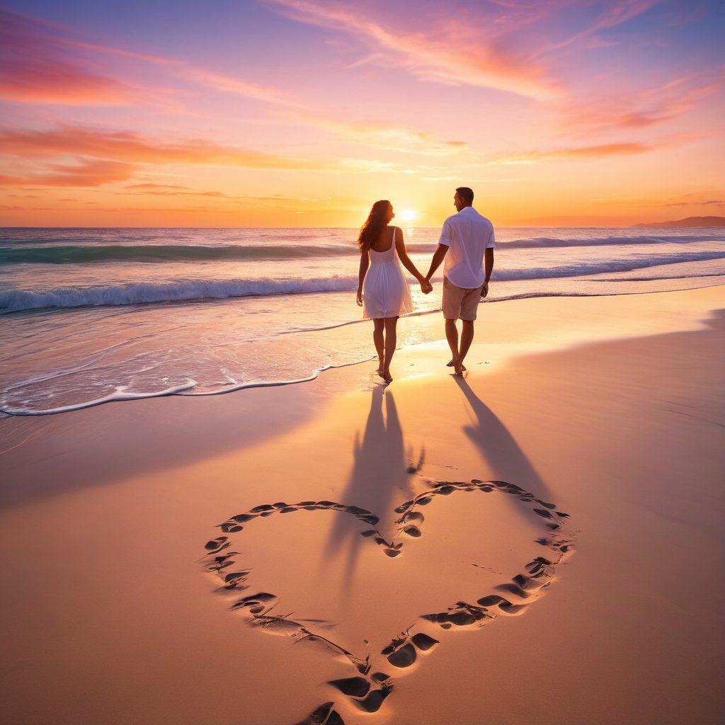 A couple holding hands, laughing together on a sunset beach, with a path of footprints behind them leading to a heart drawn in the sand. The background should have a dreamy, pastel sky and gentle waves. The image should evoke warmth, happiness, and romantic connection. super-realistic, vibrant colors, soft lighting.