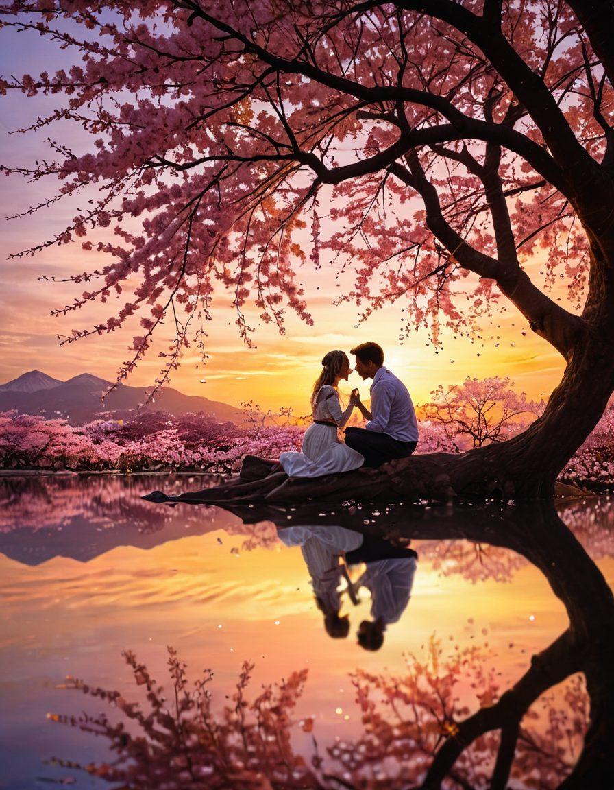 A serene, intimate setting with two people sitting close together under a blossoming cherry tree, sharing a tender moment. Their faces show warmth and love, and there's a glowing sunset in the background casting a golden hue over everything. Floating in the air are beautiful, handwritten romantic words in an elegant script. painting. vibrant colors. dreamy atmosphere.